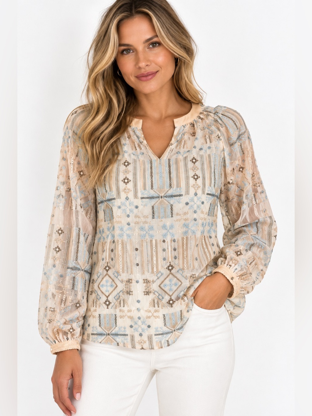 Soft Surroundings Embroidered Boho Peasant Blouse Beige Blue Size Small NWT